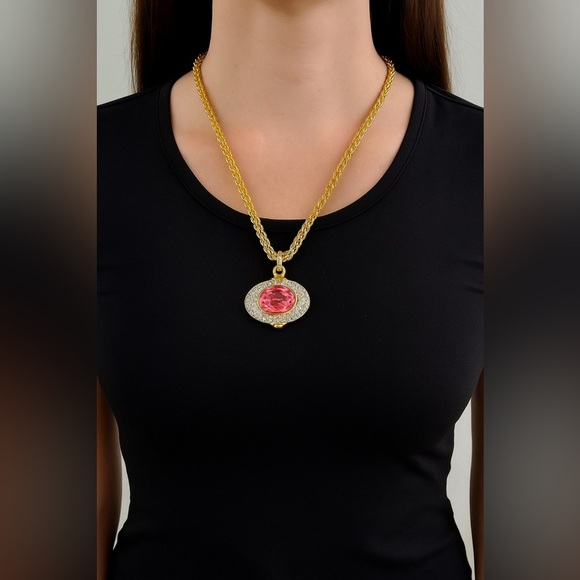 Nolan Miller Elegant 2 way Gold-tone Necklace with Pink Gemstone Pendant - Picture 1 of 4
